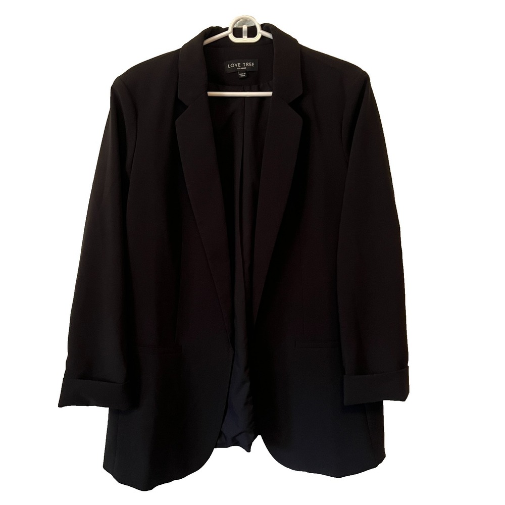 Love Tree Blazer Jacket Black Open‎ Cardigan Rolled Cuffs Faux Pockets Size XL